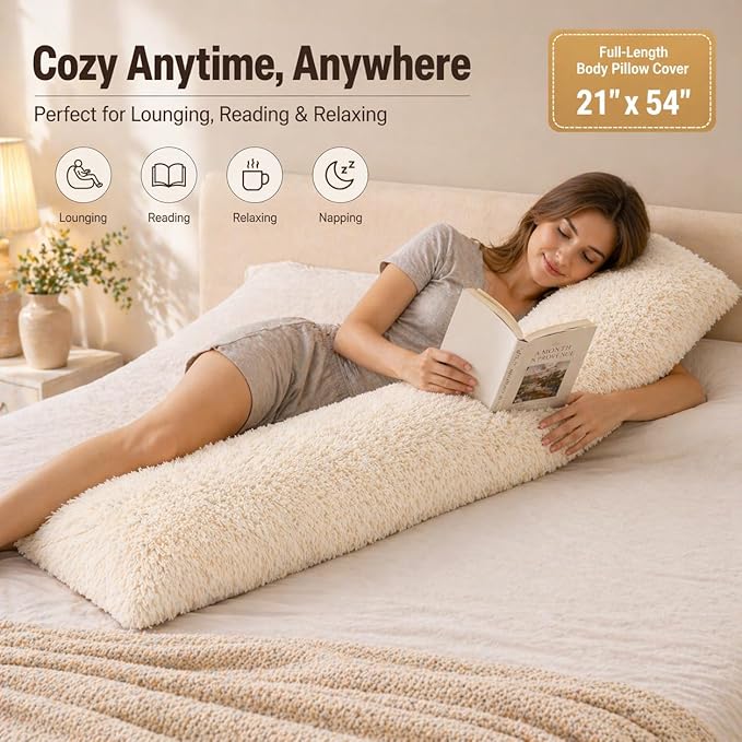 Reafort Luxury Long Hair, PV Fur, Faux Fur Body Pillow Cover/Case 21inx54in with Hidden Zipper Closure (Cream, 21inX 54in Pillow Cover)