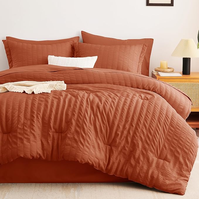 CozyLux Twin XL Comforter Set with Sheets Seersucker Burnt Orange 5 Pieces Bed in a Bag, Terracotta Twin Extra Long Bedding Sets College Dorm with Down Alternative Comforter, Sheets, Pillowcase & Sham