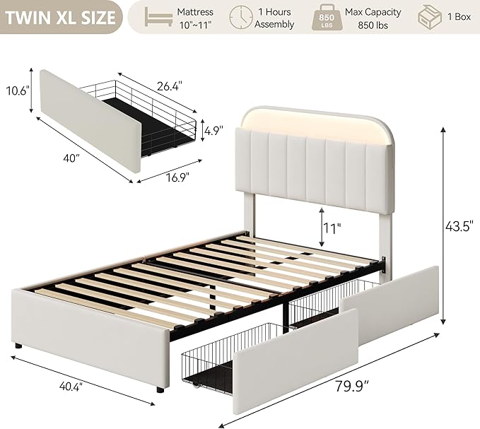 GarveeHome Twin XL Bed Frame with Storage Headboard, Kids Bed Frame with 2 Drawers, Velvet Upholstered Platform Bed Frame with Lights, No Box Spring Needed, Easy Assembly, Velvet White
