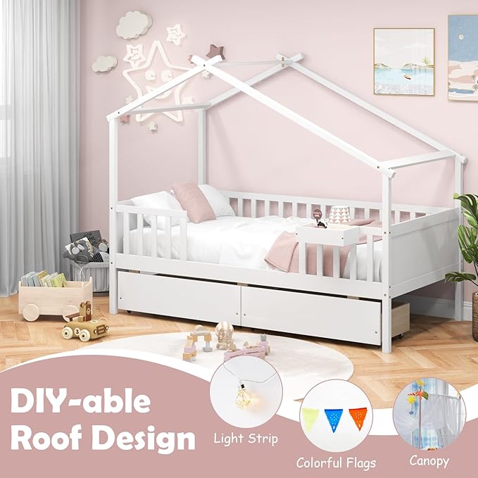 Giantex Twin House Bed with Drawers, Wooden Twin Bed Frame with Cube Storage & Fence Rails, Montessori Beds for Kids Boys, Girls, Bedroom, Living Room, No Box Spring Needed, White