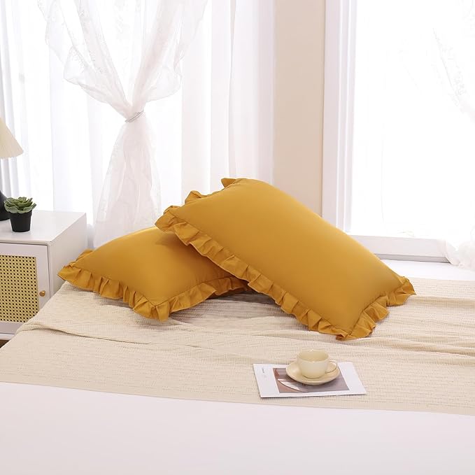Merryword Mustard Yellow Pillowcases QueenPillowcases Set of 2 Ruffle Pillow Shams Cute Pillow Covers Solid Ruffled Fringe Design Yellow Shabby Chic Pillowcases 2 Pack