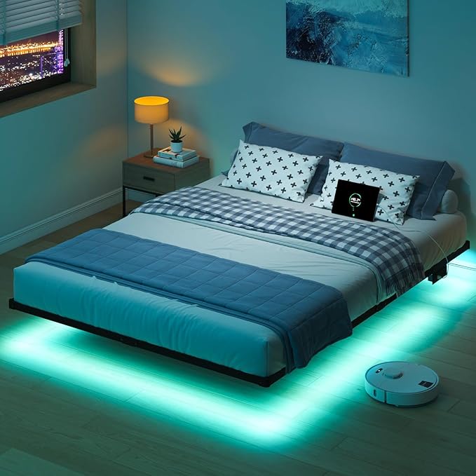 HAVONIZD Floating Bed Frame Full with LED Lights and Charging Station - 8 inch Platform Bed Frame No Box Spring Needed, Easy Assembly