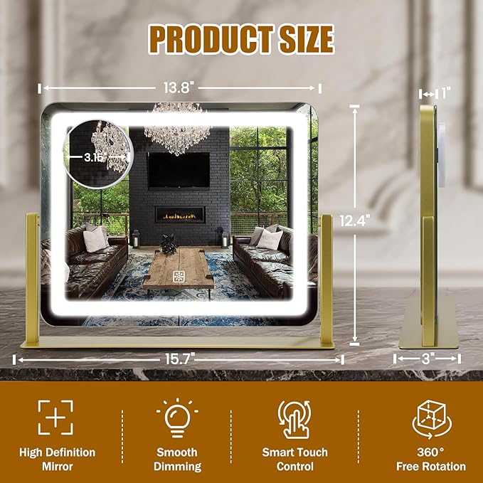 Vanity Mirror with Lights, 16"×12.4" LED Makeup Mirror, Rounded Frame, 10X Magnification, Smart Touch with 3-Color Lighting, Dimmable, 360° Rotation, Lighted Up for Makeup Desk, Bedroom (Gold)