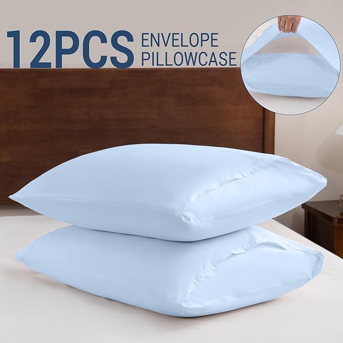 Pillowcases King 12 Pack, 20x36 Pillow Cases with Envelope Closure, Soft Plain Brushed Microfiber Covers Breathable Wrinkle-Resistant, Light Blue