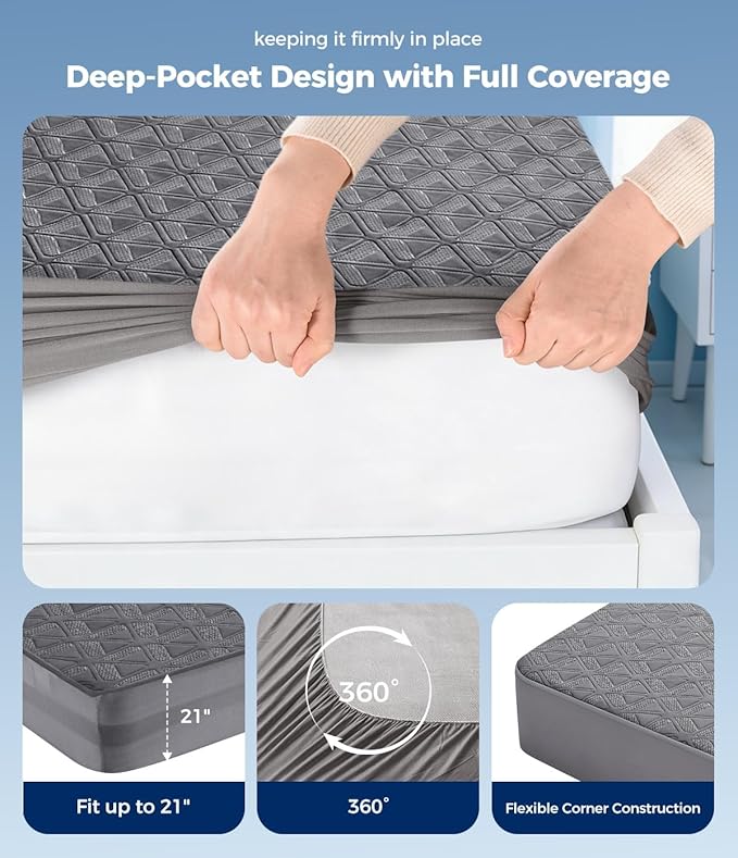 Waterproof Mattress Protector Full Size, Soft Breathable Mattress Pad with Deep Pocket 8"-21", Noiseless 3D Air Fabric Cooling Mattress Cover for Bed, Machine Washable, Grey
