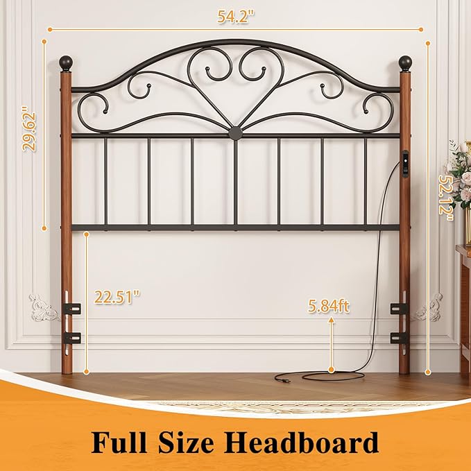 Merronix Full Size Headboard with Charger Stations, Vintage Metal Headboard Only Farmhouse Retro Freestanding Black Wooden-Painting Headboard for Queen Bed Frame, Height Adjustable, Easy Assembly