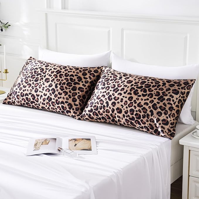 MR&HM Satin Pillowcase for Hair and Skin, Silk Satin Pillowcase 2 Pack, King Size Pillow Cases Set of 2, Silky Pillow Cover with Envelope Closure (20x36, Brown Leopard)