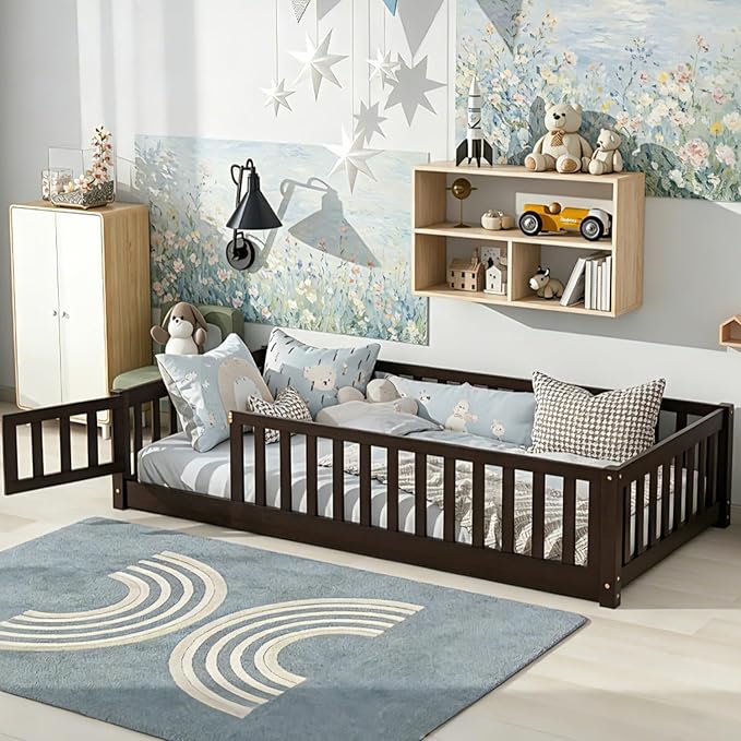 Bellemave Montessori Twin Floor Bed Frame with Fence and Removable Door, Low Profile Twin Size Montessori Bed Frame for Kids, Solid Wooden Floor Beds with Slats for Bedroom,Nursery, Espresso