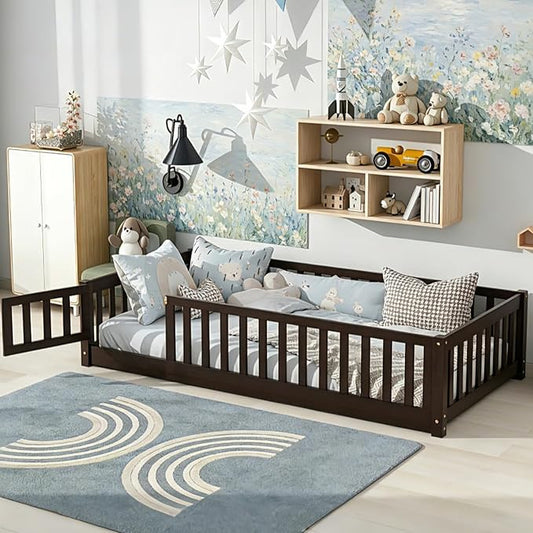 Bellemave Montessori Twin Floor Bed Frame with Fence and Removable Door, Low Profile Twin Size Montessori Bed Frame for Kids, Solid Wooden Floor Beds with Slats for Bedroom,Nursery, Espresso