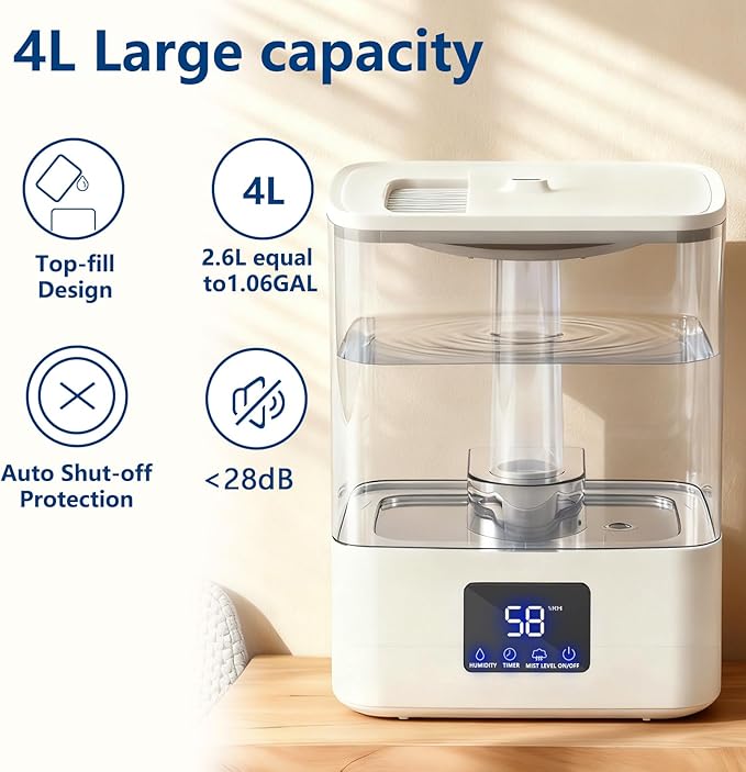 KZF 4L Top Fill Cool Mist Humidifier for Bedroom with 15H Runtime, 3 Mist Levels, 8H Timer, Essential Oil Tray, Humidity Display, Quiet Operation for Baby, Plants, Large Room