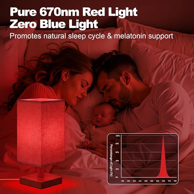 Red Light Lamp for Bedroom, Nightstand Lamp with 670nm Red & 3000-6500K White Light, Remote Control, Timer, Night Light, Dimmable LED Bedside Table Lamp with Memory Function, Wood Base & Fabric Shade