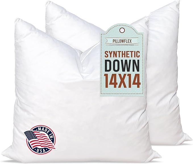 Pillowflex Synthetic Down Alternative Pillow Inserts for Shams - Comfy Pillows for Sleeping, Perfect & Best for Sleeping, Handmade Down Alternative Throw Pillow Inserts - (14x14 Set of 2)