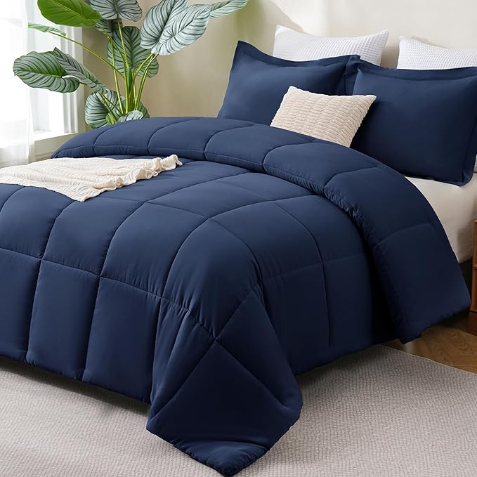 CozyLux Queen Comforter Set - 270GSM Navy Blue Bedding Sets for All Seasons, 3 Pieces Box Stitched Bed Set with 1 Down Alternative Comforter and 2 Pillow Shams, Soft, Lightweight, Breathable