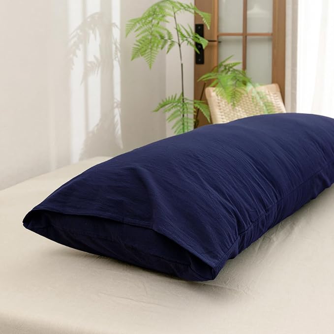 BESTOUCH 100% Washed Cotton Pillowcase for Hair and Skin Linen Feel Soft Comfortable Breathable 1 Pcs Pillow Case with Envelope Closure Solid Navy Blue Body 20x54 Inches