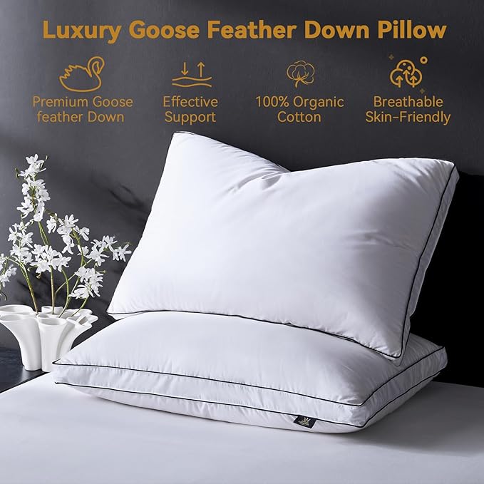 L LOVSOUL Goose Feather Down Pillow Queen Size of 1,Ultra Soft 100% Organic Cotton Fabric, 700TC,800 Fill Power, Luxury Hotel Collection Bed Gusseted Pillows for Back, Stomach or Side Sleepers