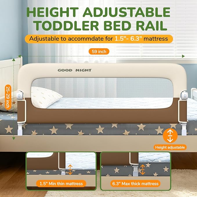 Bed Guard Rail for Toddlers - 59" Adjustable Heights & Folding up Portable Bed Railing for Baby - Toddler Bed Rails Guard for Crib, Twin, Bunk,Full Size, Queen & King Bed