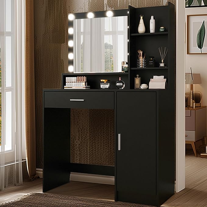 Palimder Vanity Desk with Mirror & Light, Large Drawer & Three Level Storage Dresser, 3 Lighting Modes Adjustable Brightness, Bedroom Dressing Table (Black)