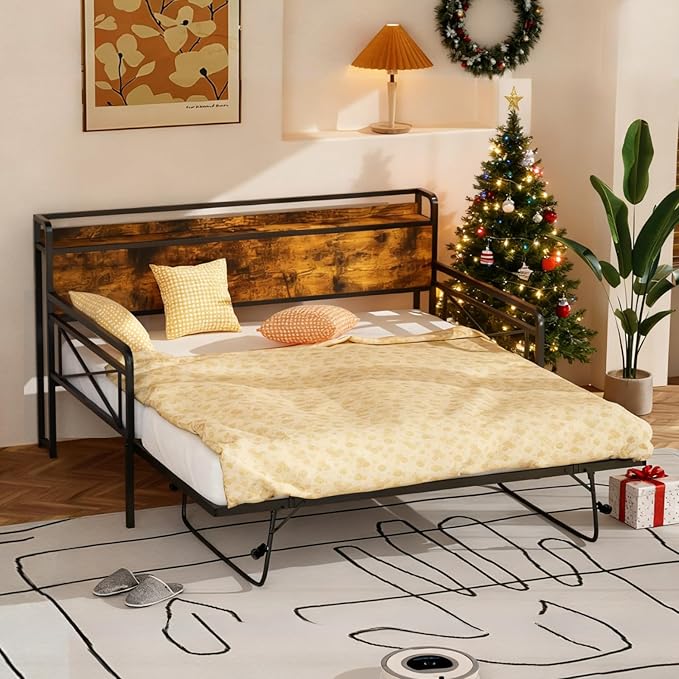 VINGLI Daybed with Trundle Twin, Metal Daybed Frame with Pop-up Trundle Bed and Charging Station,Day Bed with Wooden Storage Headboard & LED Lights, for Kids Room, Living Room, Bedroom, Brown