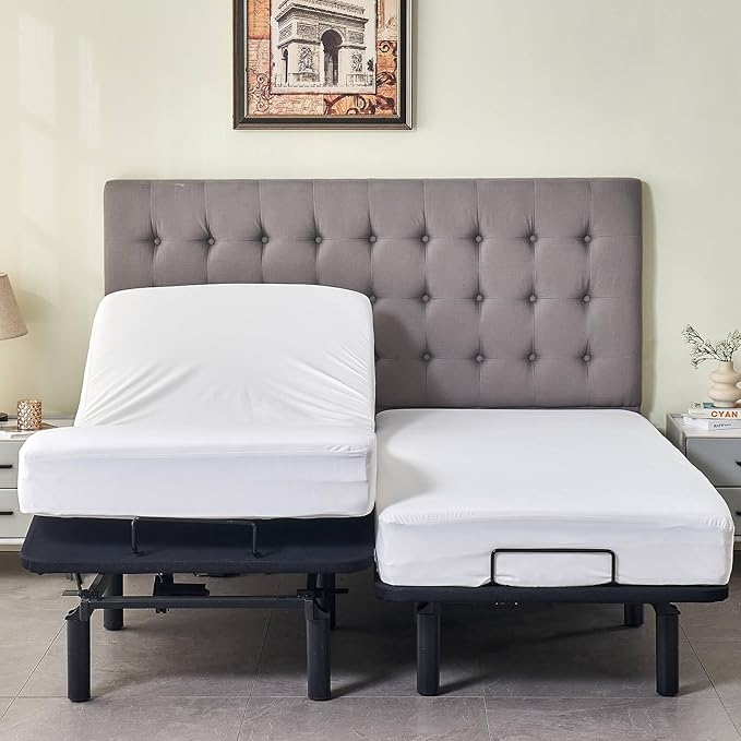 Kingnex Waterproof Split California King Mattress Protector for Adjustable Bed 2 Cali Twin XL Fitted Sheet Style Mattress Cover with Enhanced Elastic Skirt White