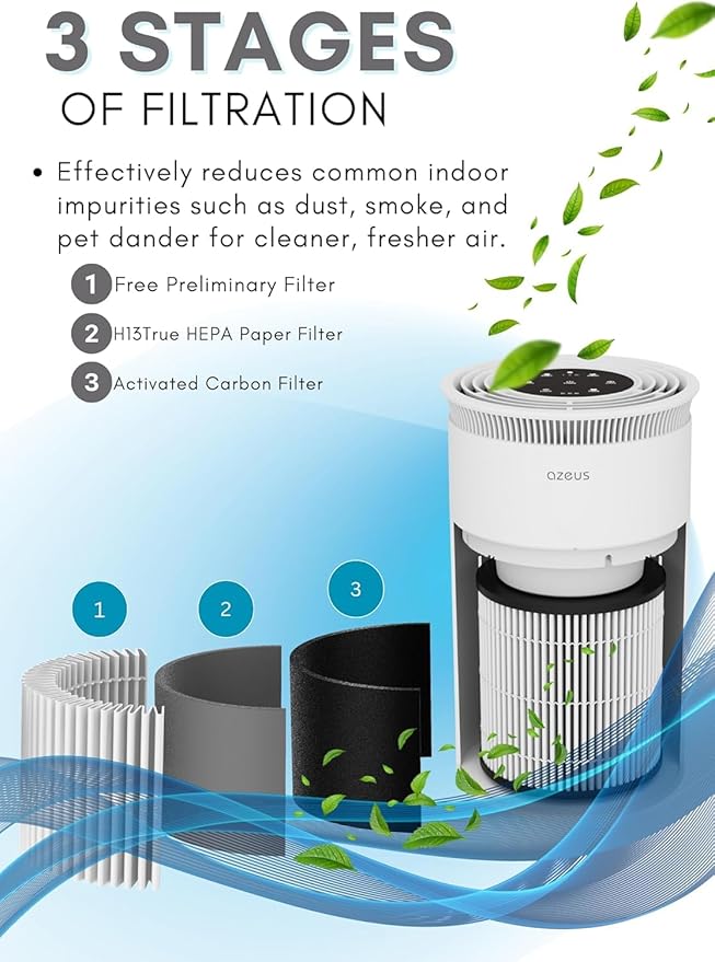 AZEUS Air Purifier for Home Pets Hair Dust in Bedroom Up Top 843 ft² H13 True HEPA Filter, 25db Filtration System Cleaner Odor Eliminators, Ozone Free, Remove 99.97% Dust Smoke VOCs