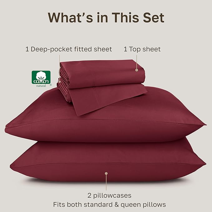 California Design Den Natural 100% Cotton Sheets Queen Size Bed Set Deep Pockets - Luxury Hotel 800 Thread Count, Soft Sateen Cotton Bed Sheets Queen, Durable Bedding Set - Red Wine