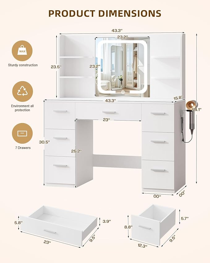 LIVELYGLOW White Large Makeup Vanity Desk with Smart LED Mirror & Power Station, 43" Professional Dressing Table with 7 Drawers, 4 Open Shelves & Hairdryer Holder for Bedroom