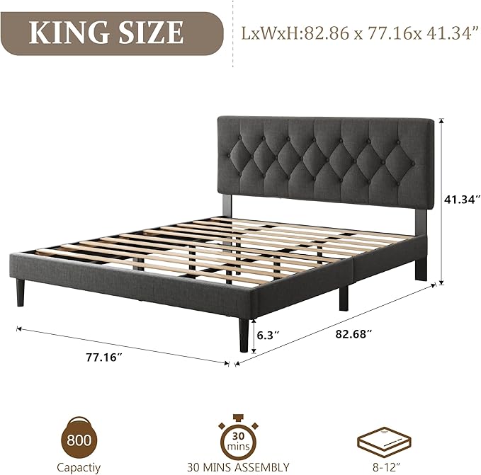 CXVX King Size Platform Bed Frame with Upholstered Headboard, Button Tufted Design, Strong Wooden Slats, No Box Spring Needed, Easy Assembly, Noise Free