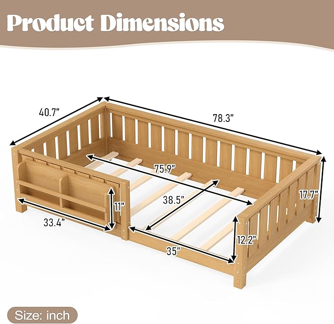 Bellemave Twin Size Kids Montessori Bed with Bookshelf,Solid Wood Twin Floor Bed Frame with Fence and Slats for Girls Boys,Low-Profile,Light Natural