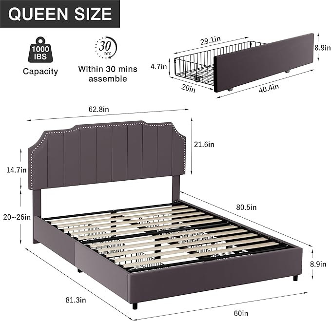 VECELO Full Upholstered Platform Bed Frame with 4 Storage Drawers,Velvet Vintage Full Bed with Nailhead Trim,Tufted Height Adjustable Headboard,Wooden Slats/No Box Spring Needed/Easy Assembly