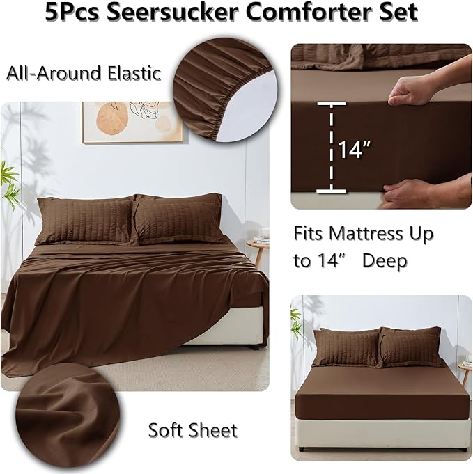 CozyLux Twin Comforter Set with Sheets 5 Pieces, Brown Seersucker Textured Bed in a Bag for Bedroom, Luxury Soft Bedding Sets with Down Alternative Comforter, Sheets, Pillowcase & Sham for All Seasons