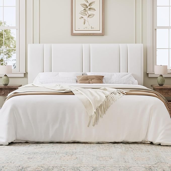 SHA CERLIN King Size Platform Bed Frame, Velvet Upholstered Bed with Adjustable Headboard, Vertical Channel Tufted Design, Sturdy Wood Slat Support, No Box Spring Needed, Easy Assembly, White