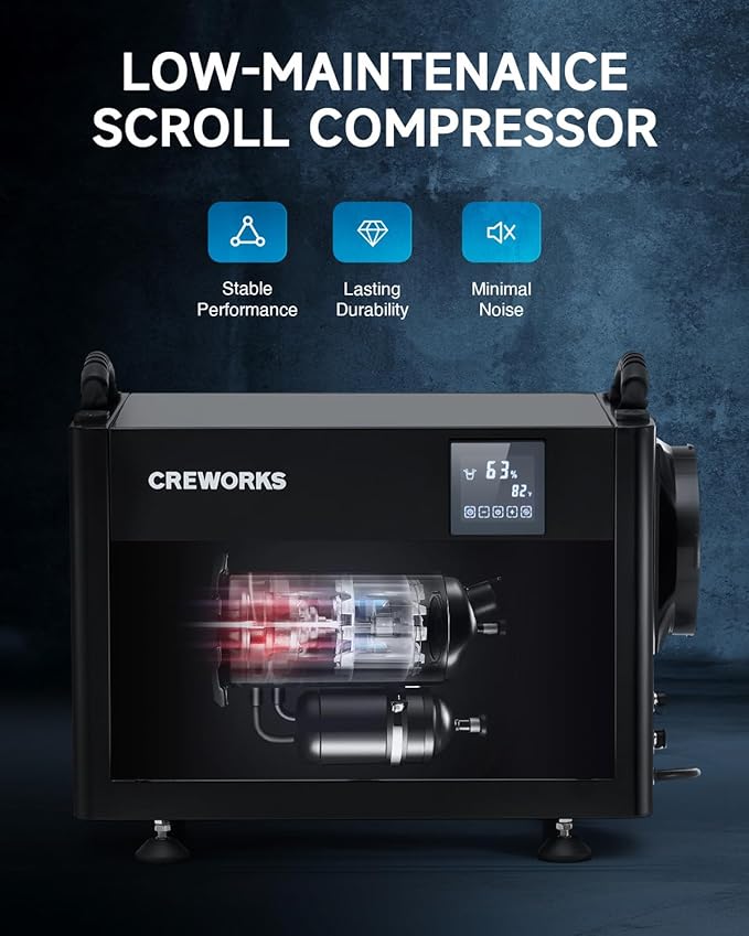 CREWORKS 130 PPD Crawl Space Dehumidifier, Commercial Dehumidifier for Basement with Built-in Drain Hose, Crawl Space Dehumidification with Auto Defrost & Detachable Display Panel
