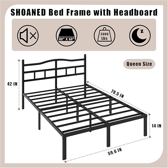 SHOANED 14 Inch Metal Bed Frame - Queen Size Heavy Duty Bedframe with Headboard Black Basic Steel Slats Platform No Box Spring Needed/Easy Assembly/Noise Free