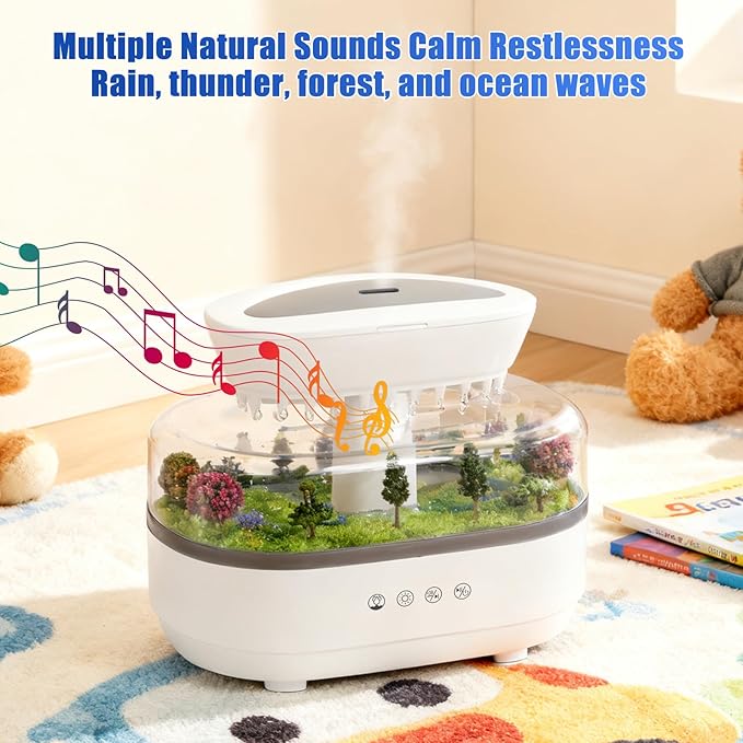 Rain Cloud Humidifier Diffuser with Natural Rain Sounds Ocean Waves Crackling Fire 7 Color Night Light 250mL Large Tank Quiet Operation 4-8 Hour Timer Auto Shut Off for Bedroom Sleep Office Relaxation