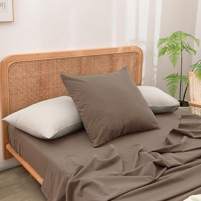 BESTOUCH 100% Washed Cotton Pillowcase for Hair and Skin Linen Feel Soft Comfortable Breathable 2 Set Pillow Case with Envelope Closure Solid Pine Bark Brown Euro 26x26 Inches