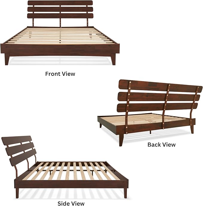 Bme Caden King Size Bed Frame and Adjustable Headboard, 15 Inch Mid Century Retro Style - Solid Acacia Wood - No Box Spring Needed - 12 Strong Wood Slat Support - Easy Assembly - Walnut