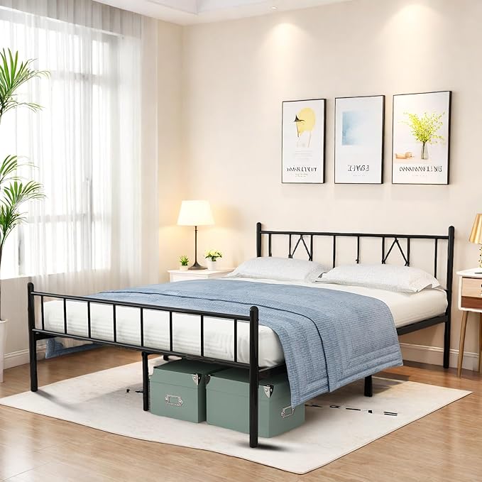 FONTOI Queen Size Bed Frame, 14 Inch Metal Platform Bed with Iron-Art Headboard & Footboard, Max 3500lbs Metal Slat Support, Bed Frame with No Box Spring Needed, Under Bed Storage, Black