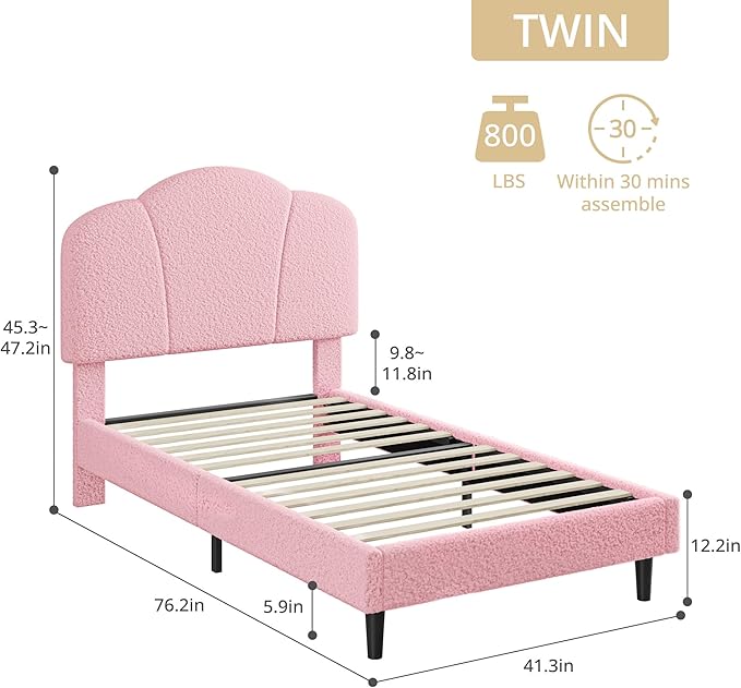 LIKIMIO Twin Size Bed Frame, Upholstered Twin Platform Bed with Headboard Lamb Velvet Twin Beds, No Box Spring Needed with 800LBS Sturdy Wooden Slats Support, Noise Free, Easy Assembly, Pink