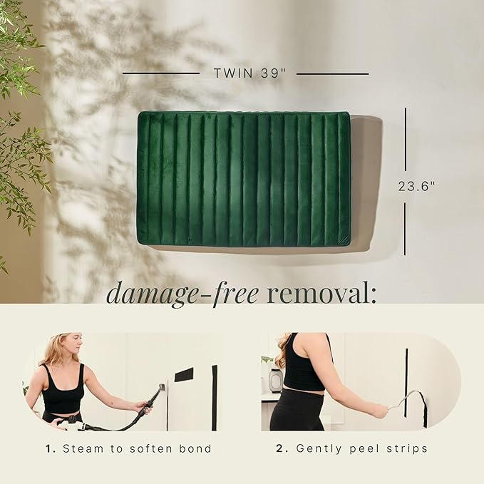 Hearth & Harbor Twin Headboard Only, Floating Wall Mounted Headboard Twin Size, Easy Assemble Upholstered Peel and Stick Headboards, 3D Soundproof Bed Wall Panels, Velvet Stick on Headboards, Green