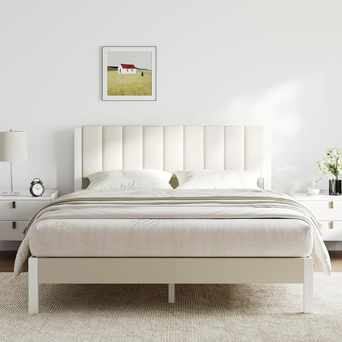 Novilla Queen Bed Frame with Piano Keys Headboard and Footboard, Metal Platform Bed Frames Queen Size, No Box Spring Needed, Easy Assembly, Steel Slats Support, Velvet White