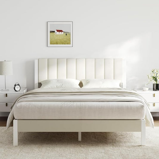 Novilla Full Bed Frame with Piano Keys Headboard and Footboard, Metal Platform Bed Frames Full Size, No Box Spring Needed, Easy Assembly, Steel Slats Support, Velvet White