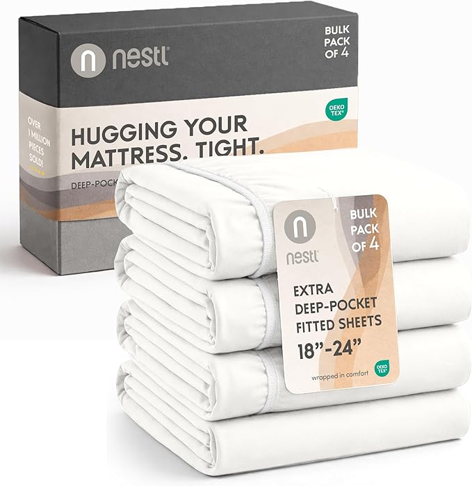 Nestl 4 Pack Off White Fitted Sheet Extra Deep Pocket, Hotel Luxury FullFitted Sheet Only Easily Fits 18 to 24 Inch Mattress, Super Soft, Wrinkle-Free and Breathable with Corner Straps