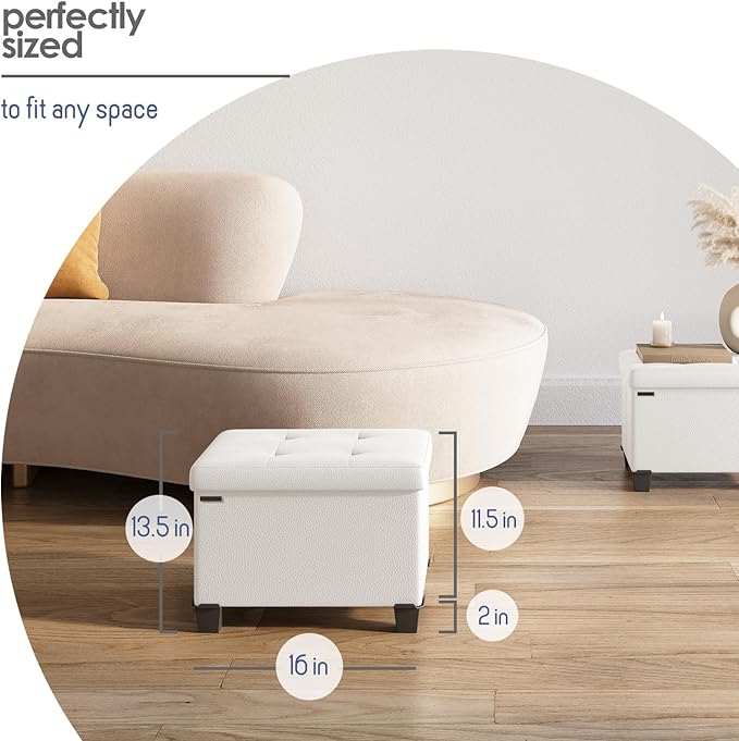 Storage Ottoman Cube with Small Bin, 16-in Square Ottoman with Storage for Living Room and Bedroom, Small Ottomans Foot Rest, Leather Foot Stools Ottomans Max 330lbs, Cream