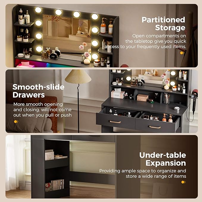 LUCKRACER Vanity Desk with LED Lights Mirror & Charging Station, Black Makeup Vanity with Storage Drawers and Shelves, Modern Dressing Table for Women Girls Bedroom, Black