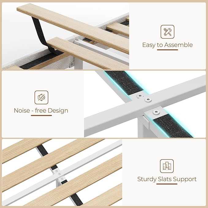 Rolanstar Twin Bed Frame with Drawer, Storage Headboard with Charging Station and LED Lights, Upholstered Bed with Heavy Duty Wood Slats, No Box Spring Needed, Noise Free, Easy Assembly, Beige