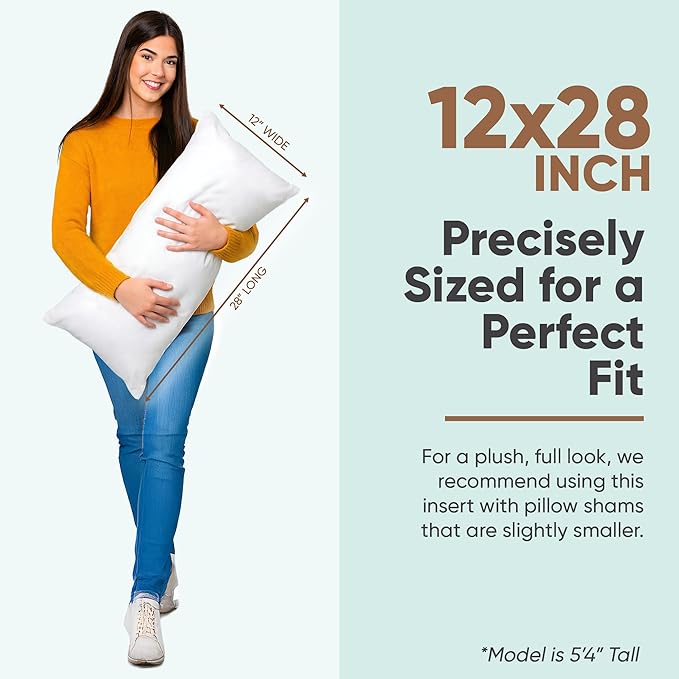 Pillowflex Synthetic Down Pillow Insert - 12x28 Down Alternative Pillow, Ultra Soft, Large Rectangle Body Sleeping Pillow, Lumbar, Long, Back - 1 Decorative Pillow Form