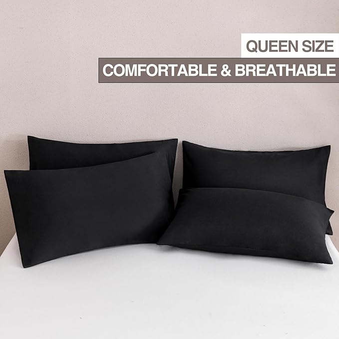 MINIPANDA Black Pillow Cases Set of 4 Queen Size - Super Soft, Smooth and Breathable Pillow Cases Queen- Envelope Design - Machine Washable Lightweight (20X30 Inches (4 Piece))