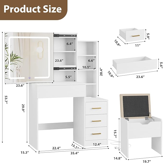IDEALHOUSE Vanity Desk with Mirror and Lights, Vanity Table and Chair Set with 4 Drawers and Charging Station, Dresser LED Sliding Mirror with 3 Color Modes Adjustable Storage Shelves, White