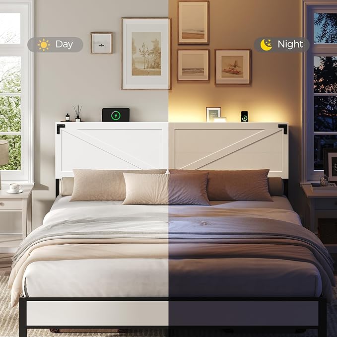 MAHANCRIS King Size Headboard Only, Headboard with 2 Outlets and 2 USB Ports, Farmhouse Headboard, with LED Lights, Secure Storage with Raised Fence, with Bed Frame Adapter, White and Black