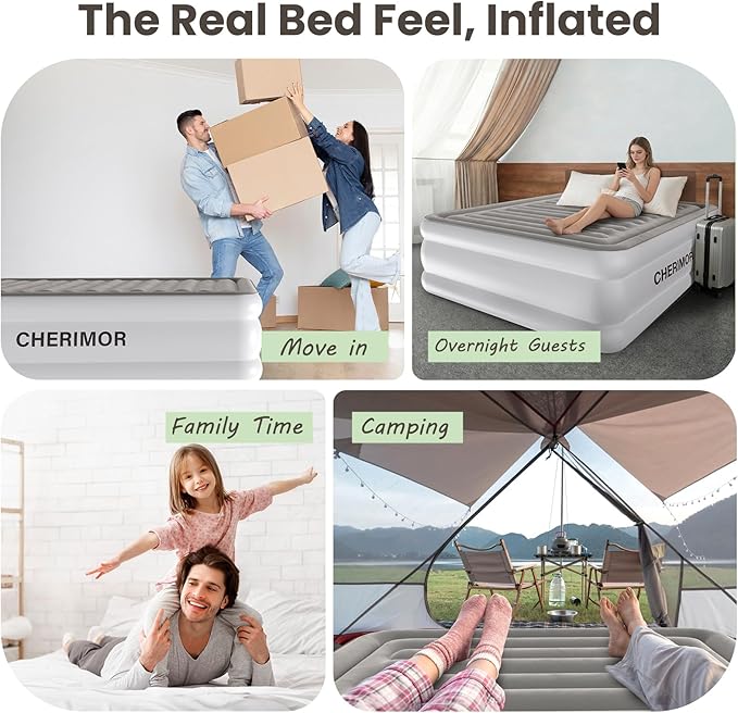 CHERIMOR Air Mattress Queen with Built in Pump, 18" Raised Comfort, Anti-Sag Horizontal Beam, 800lbs Heavy-Duty Support Blow Up Mattress, Multi-Layer Leak Proof Air Bed for Home Guests Camping